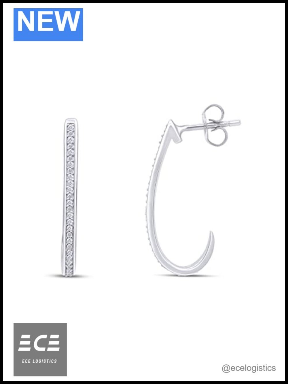 J Hoop Earrings 1/10ctw Round Diamond 14k White Gold Plated Sterling Silver